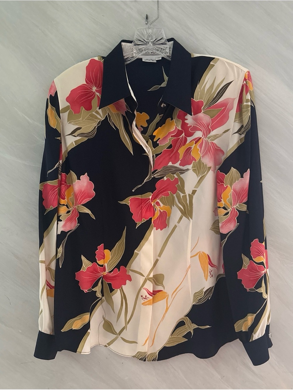 VTG Starington 10 Navy Blue/ Multicolor Floral 100% Silk L/S Button- Up Blouse